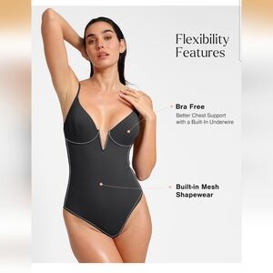 Popilush Women's Black Deep V Shapewear Tummy Control One-Piece Swimsuit Size M